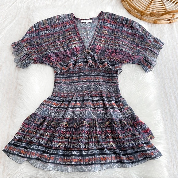 IRO Tulsa Printed Silk Tiered Mini Dress Snake Print Smocked Ruffle - Picture 5 of 11
